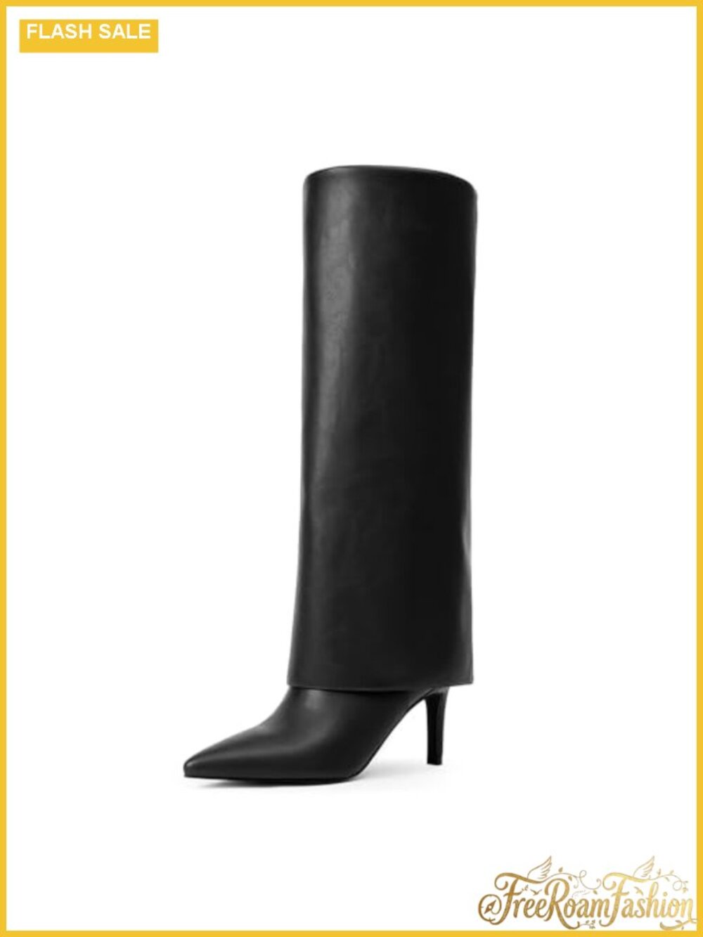 Fold Over Wide Calf Knee High Boots Pointed Toe Stiletto Heel Tall Boot